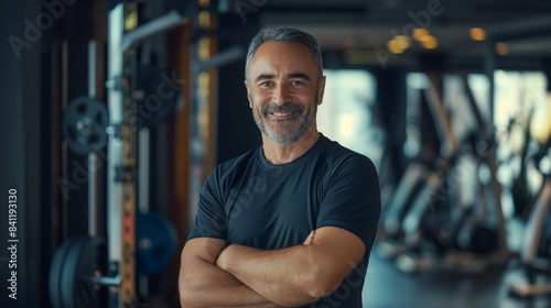 Middle Aged French Male Fitness Trainer Smiling at Gym, Promoting Active Lifestyle and Healthy Living © gn8