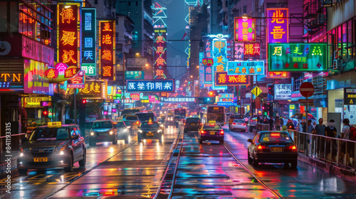 Busy Hong Kong Street Scene at Night With Neon Lights and Traffic