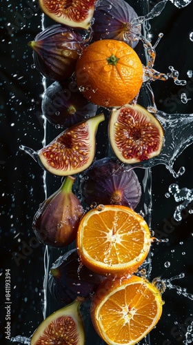 Figs and oranges splashing in water