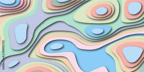 Abstract smooth pastel multi color papercut background with waves. Pastel color multi layer topography contour curve and wavy 3d paper cut.