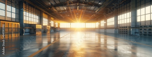 warehouse space on concrete floor for industrial on sunset background