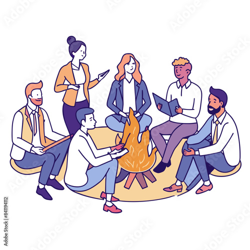 business men and women tell each other stories sitting by the fire