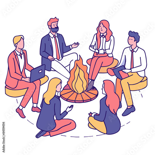 business men and women tell each other stories sitting by the fire
