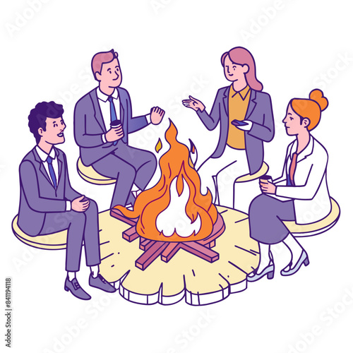 business men and women tell each other stories sitting by the fire