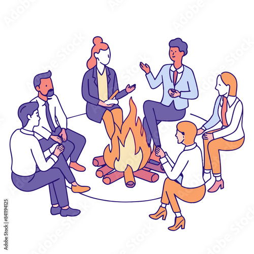 business men and women tell each other stories sitting by the fire