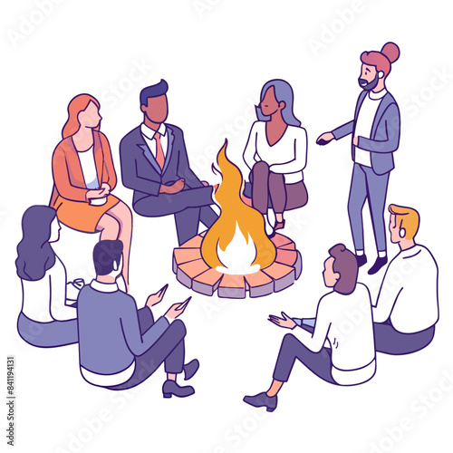 business men and women tell each other stories sitting by the fire