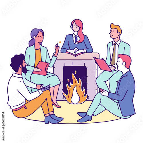 business men and women tell each other stories sitting by the fire