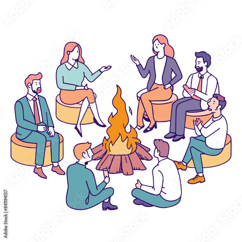 business men and women tell each other stories sitting by the fire