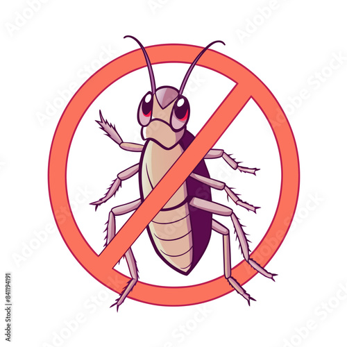 minimalistic drawing of a funny cockroach trying to get out from behind a round forbidding sign