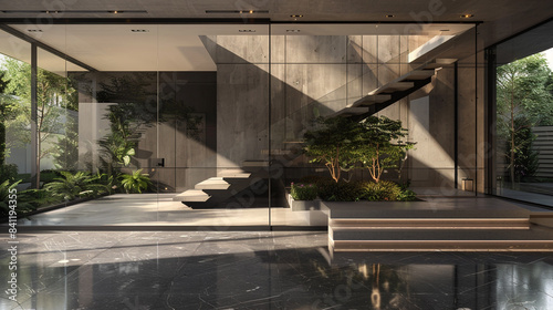 Sleek modern home entrance with a cantilevered staircase, glass panels, and a polished concrete floor
