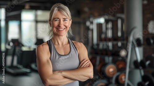 Smiling Middle-Aged Female Fitness Trainer in Gym Setting - Health and Fitness Coaching - Inspirational Workout Motivation