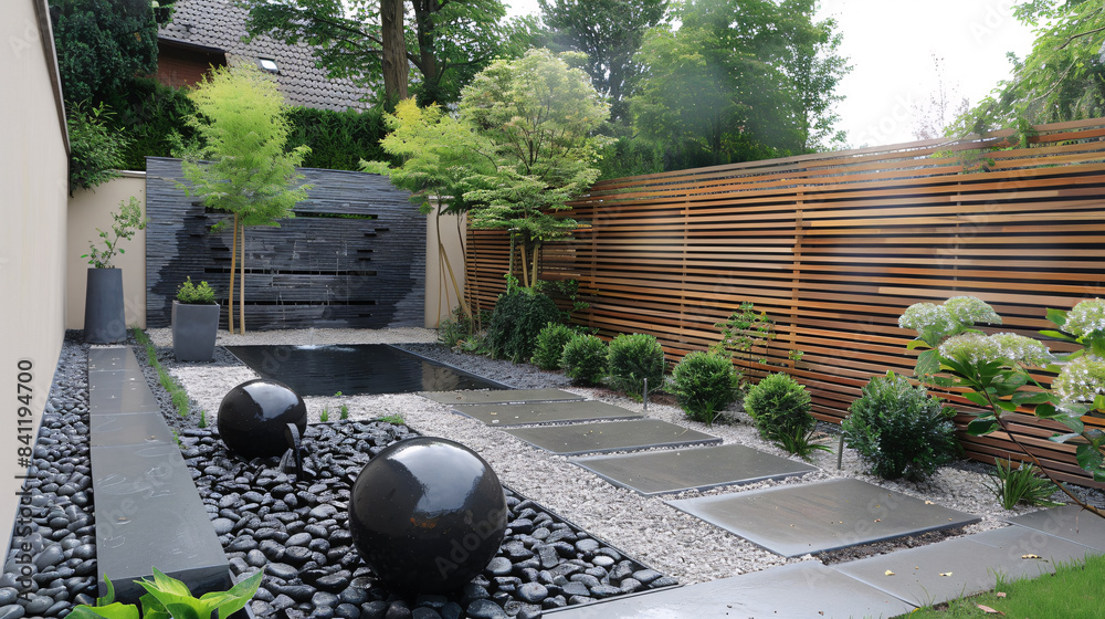 Fototapeta premium Modern minimalist garden design with stones, tiles, fountain, plants