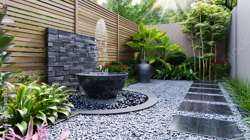 Modern minimalist garden design with black stones and grey tiles