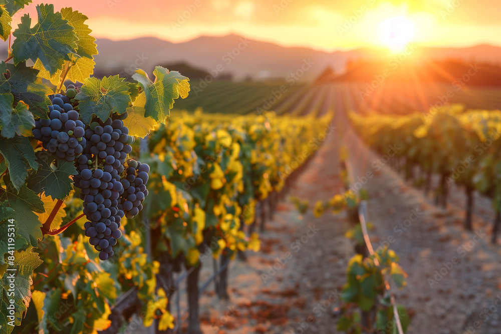 Naklejka premium A vineyard with a sun shining on the grapes