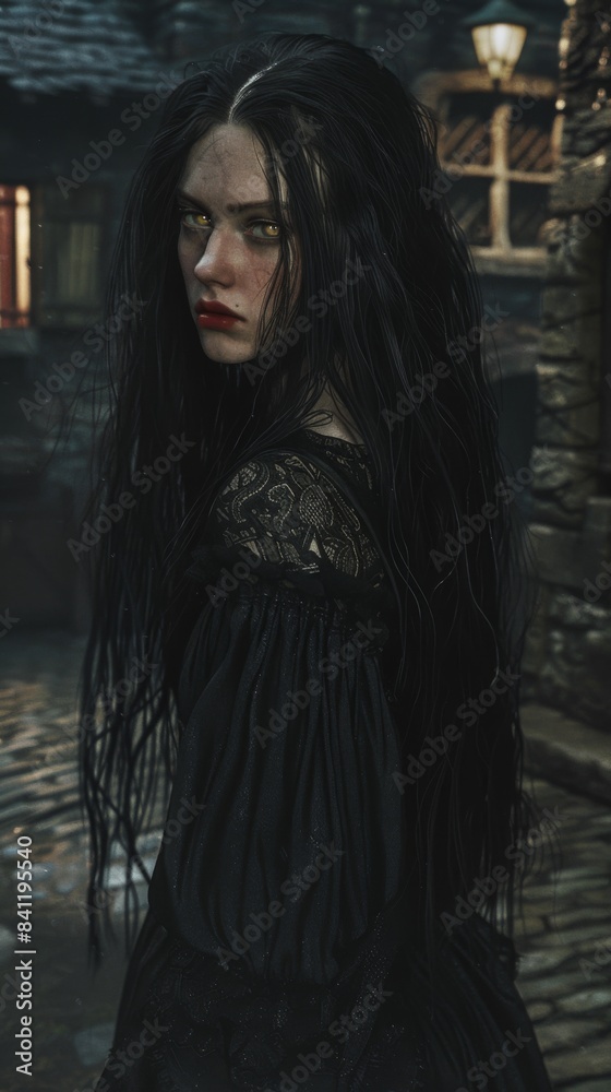 A woman with long black hair in a black dress A woman with long black hair in a black dress