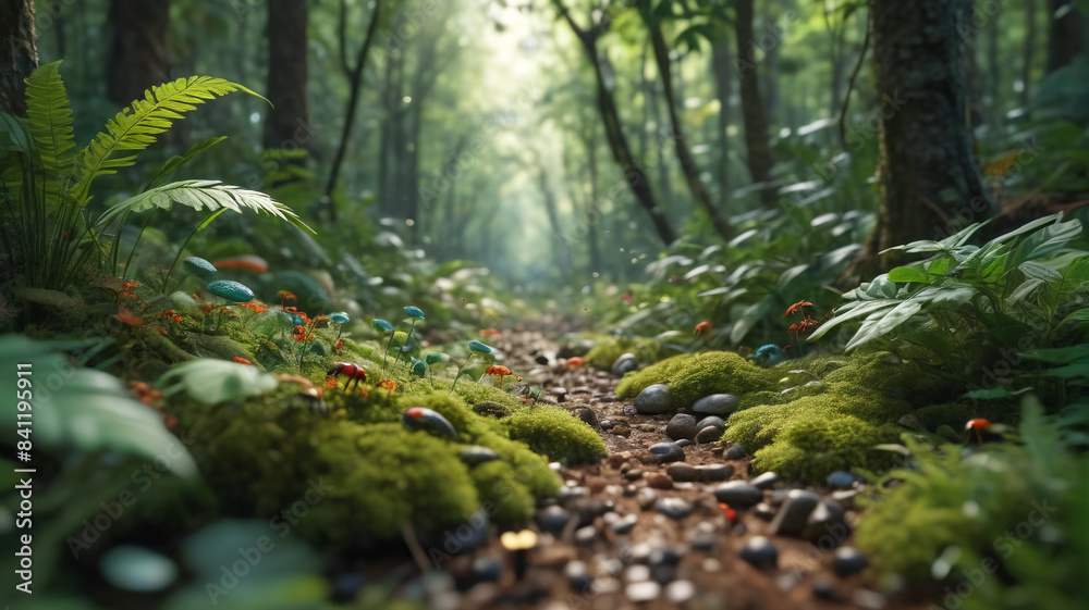 Roaming through the dense foliage of the forest floor where tiny organisms and insects create a thriving micro-ecosystem, Generative AI Roaming through the dense foliage of the forest floor where tiny organisms and insects create a thriving micro-ecosystem, Generative AI