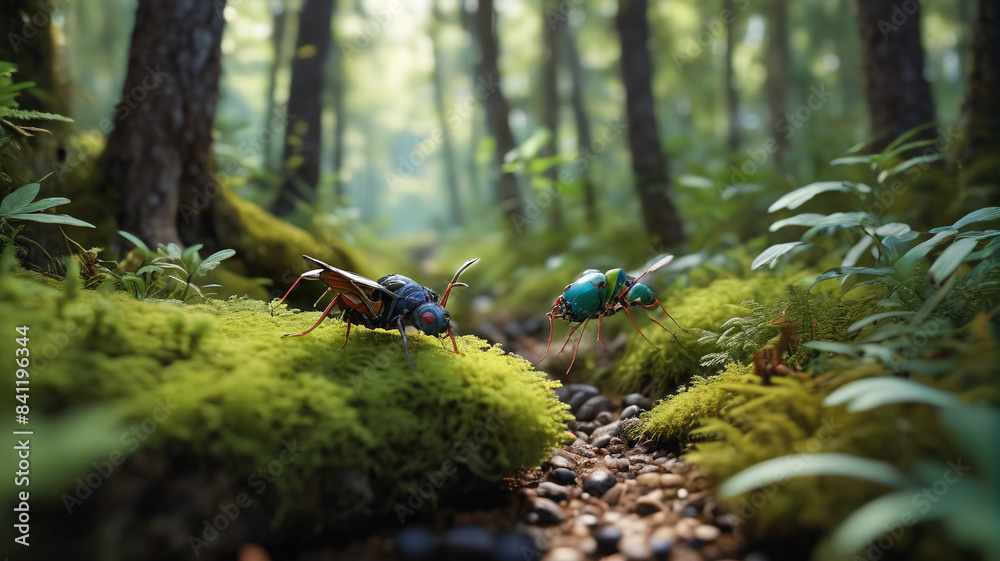 Obraz premium Journeying through the underbrush to observe the intricate lifestyles of tiny creatures that sustain the forest's delicate balance, Generative AI