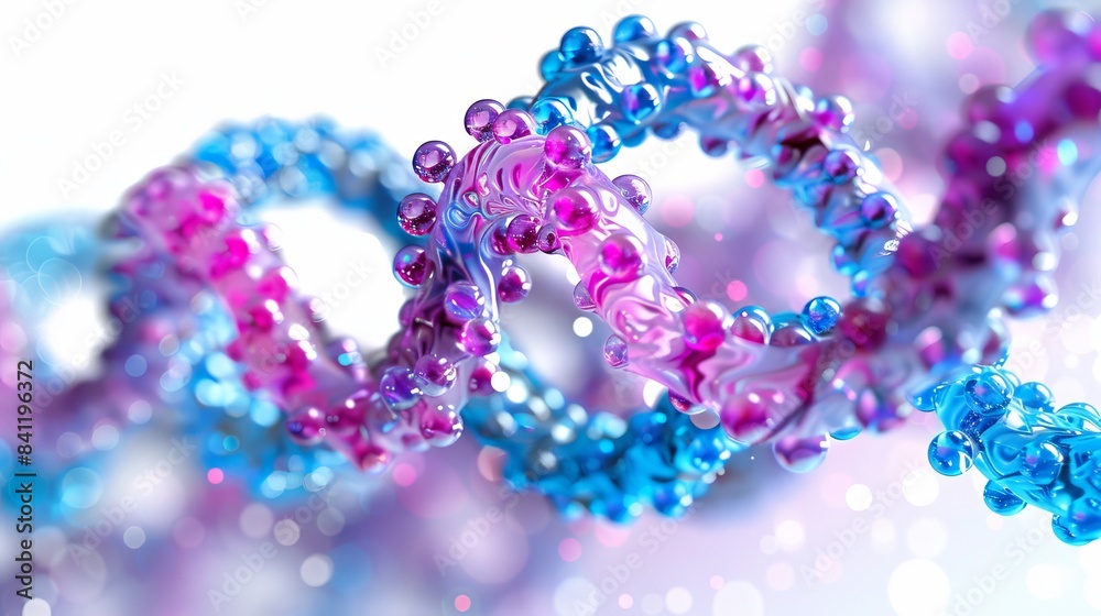 Close-up of a double helix made of blue and purple beads on a white background Close-up of a double helix made of blue and purple beads on a white background