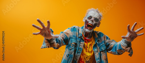 funny zombie in y2k dressing on yellow minimalist background, solid color, halloween wallpaper with copy space