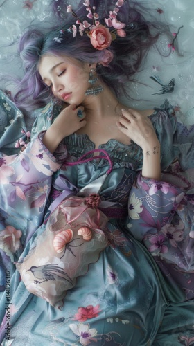 A woman with purple hair laying on a bed
