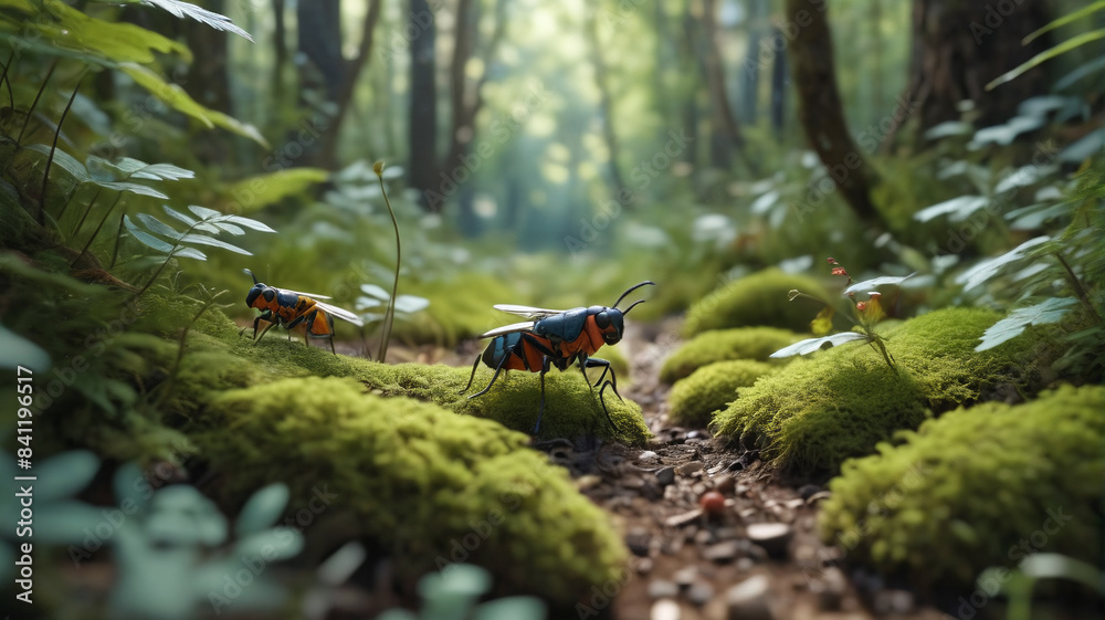 Naklejka premium Journeying through the underbrush to observe the intricate lifestyles of tiny creatures that sustain the forest's delicate balance, Generative AI