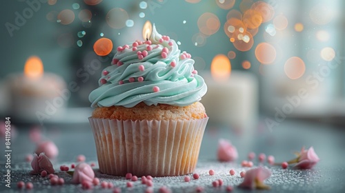cupcake with candle on light background 