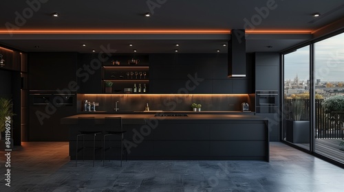 Chic modern minimal style kitchen interior  black cabinet doors  metal kitchen worktop