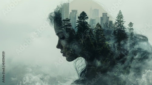 double exposure of profile face of woman looking down  cinematic lighting  foggy misty  forest scene  artstation style