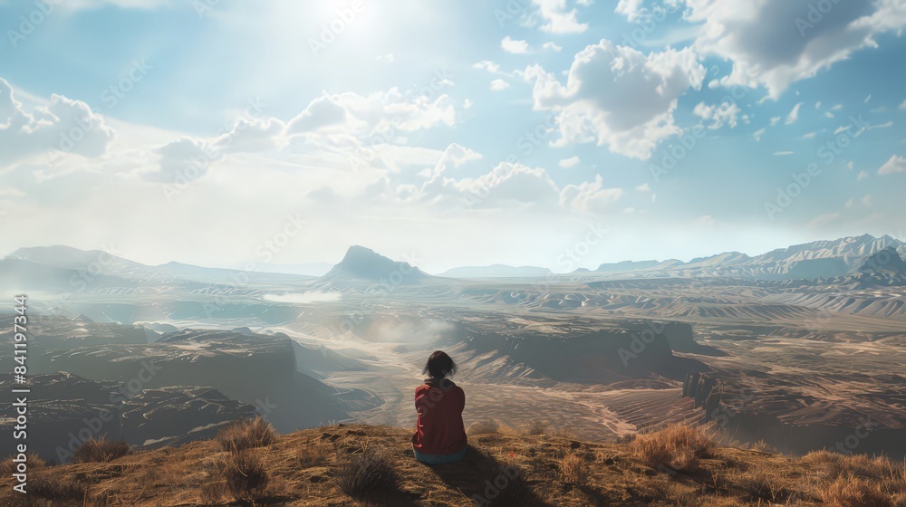 Create a scene of a solo traveler sitting on top of a hill, looking at a vast desert landscape, capturing the solitude and wonder of solo adventures. Create a scene of a solo traveler sitting on top of a hill, looking at a vast desert landscape, capturing the solitude and wonder of solo adventures.
