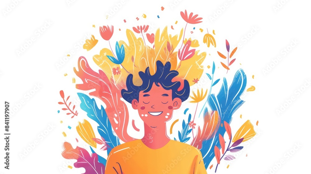 A cheerful individual shields themselves from mental issues Depicted as a cartoon character this self help idea explores coping with mental disorders linked with psychotherapy through a vib A cheerful individual shields themselves from mental issues Depicted as a cartoon character this self help idea explores coping with mental disorders linked with psychotherapy through a vib