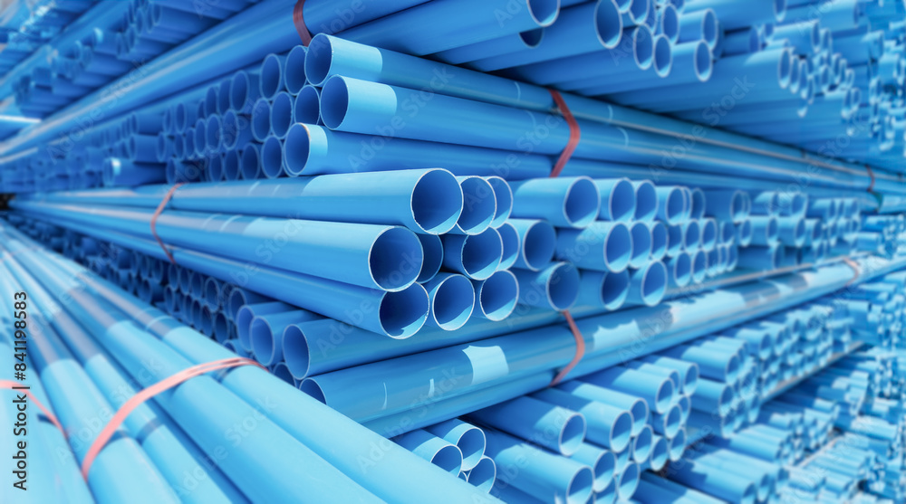 Low carbon footprint PVC pipe stacked in warehouse.