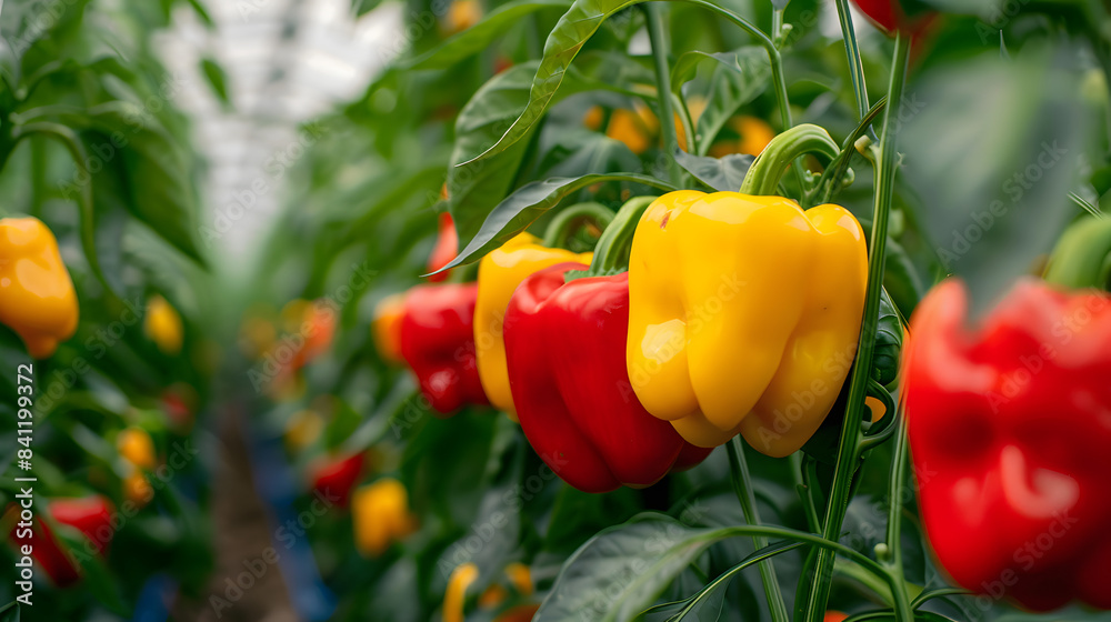 Growing sweet peppers in a greenhouse close-up. Fresh juicy red and yellow peppers on the branches close-up. Agriculture - large crop of round pepper Growing sweet peppers in a greenhouse close-up. Fresh juicy red and yellow peppers on the branches close-up. Agriculture - large crop of round pepper