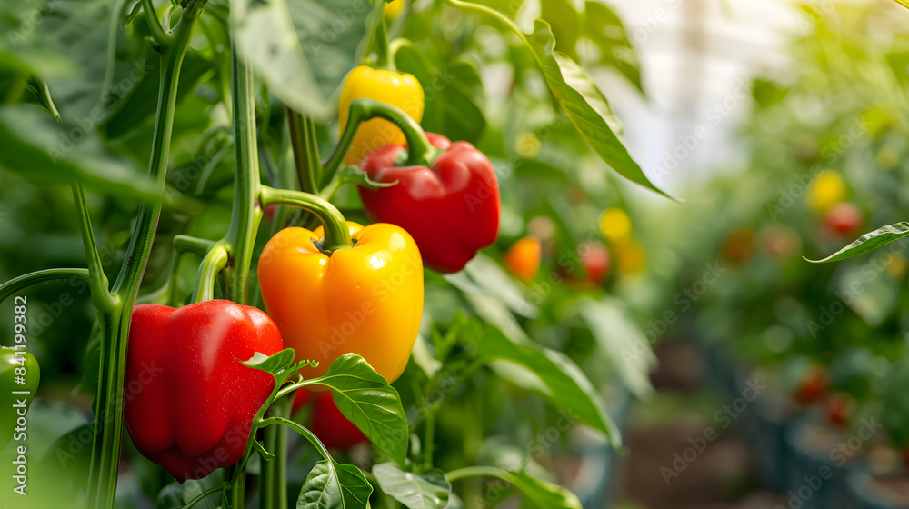 Growing sweet peppers in a greenhouse close-up. Fresh juicy red and yellow peppers on the branches close-up. Agriculture - large crop of round pepper Growing sweet peppers in a greenhouse close-up. Fresh juicy red and yellow peppers on the branches close-up. Agriculture - large crop of round pepper