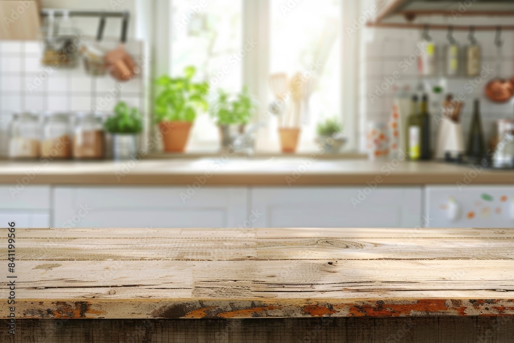 Wood table top on blurred kitchen background. can be used mock up for montage products display or design layout with generative ai
