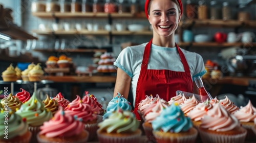The baker with festive cupcakes photo