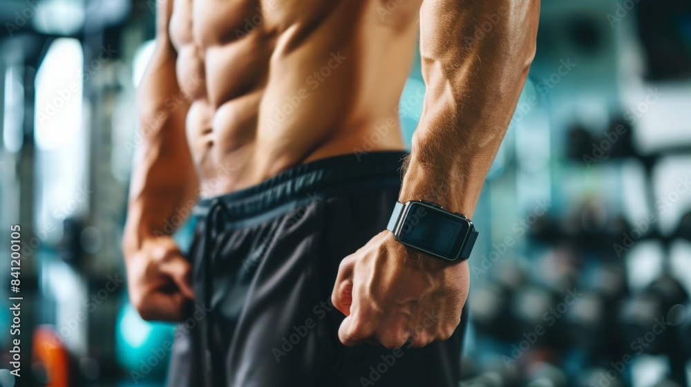 A close-up image of a man wearing a smartwatch while standing in a gym. A close-up image of a man wearing a smartwatch while standing in a gym.