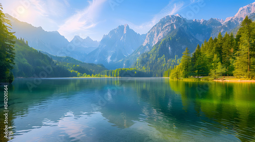 Impressive morning view of Fusine lake. Attractive summer scene of Julian Alps with Mangart peak on background