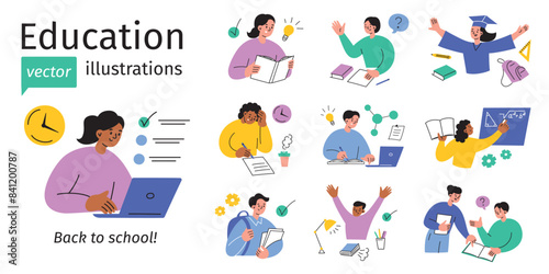 Education vector illustrations set, collection of school children and teachers. Studying, exams, homework,classroom activities. Students reading, writing, doing science, math. Back to school