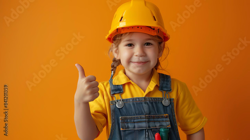 Smiling young girl wearing a yellow hard hat and overalls giving a thumbs up gesture against an orange background. 