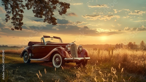 Create an image of a classic vintage car parked in a picturesque countryside setting, capturing the charm and elegance of automotive history.
