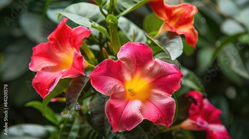 Mandevilla sanderi also known as Purple Trumpet Flower is an attractive ornamental plant with blossoms in shades like red purple white and yellow photo
