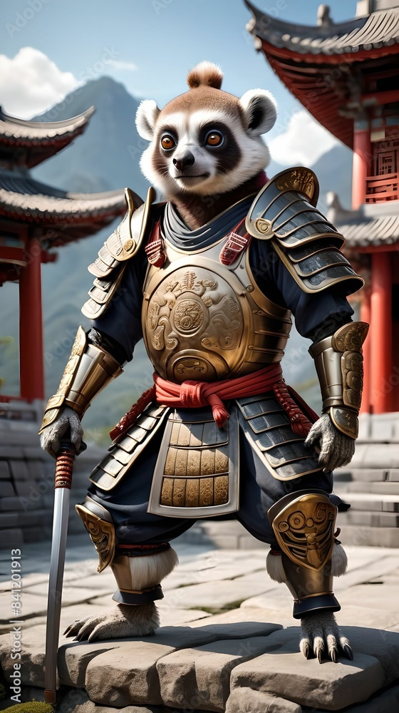 Samurai lemur in armor against the backdrop of a Japanese temple in the mountains Samurai lemur in armor against the backdrop of a Japanese temple in the mountains