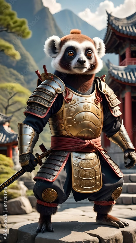 Samurai lemur in armor against the backdrop of a Japanese temple in the mountains Samurai lemur in armor against the backdrop of a Japanese temple in the mountains