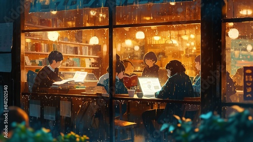 Cozy café at night with people on laptops, warm interior lighting, rain outside, studying and working, peaceful atmosphere, evening productivity, café ambiance, rainy window view, relaxing café scene © Mark