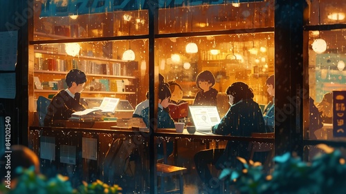 Cozy café at night with people on laptops, warm interior lighting, rain outside, studying and working, peaceful atmosphere, evening productivity, café ambiance, rainy window view, relaxing café scene