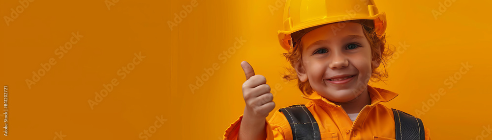 Smiling child with curly hair wearing a yellow construction helmet and orange jumpsuit giving a thumbs up against an orange backdrop.
Smiling child with curly hair wearing a yellow construction helmet and orange jumpsuit giving a thumbs up against an orange backdrop.