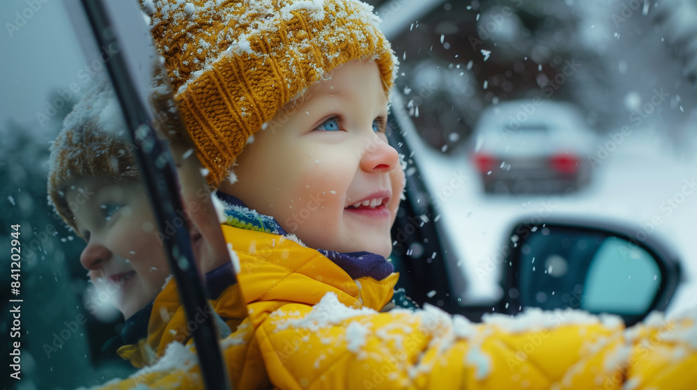 Joyful child in a yellow jacket and knit hat marveling at falling snowflakes outside a car window. Winter wonderland and playful moments. Joyful child in a yellow jacket and knit hat marveling at falling snowflakes outside a car window. Winter wonderland and playful moments.
