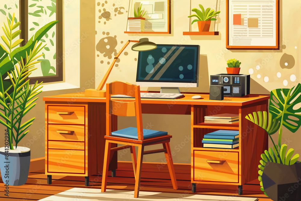 Wooden work desk with laptop and documents, books, modern interior of cozy cabinet, table for businessman or student at home, comfortable workspace, workplace with computer in apartment Wooden work desk with laptop and documents, books, modern interior of cozy cabinet, table for businessman or student at home, comfortable workspace, workplace with computer in apartment