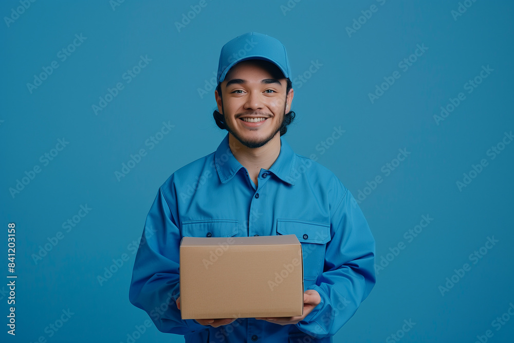 Smiling delivery person in blue uniform holding a package against a blue background, representing courier service and logistics ,generative ai Smiling delivery person in blue uniform holding a package against a blue background, representing courier service and logistics ,generative ai