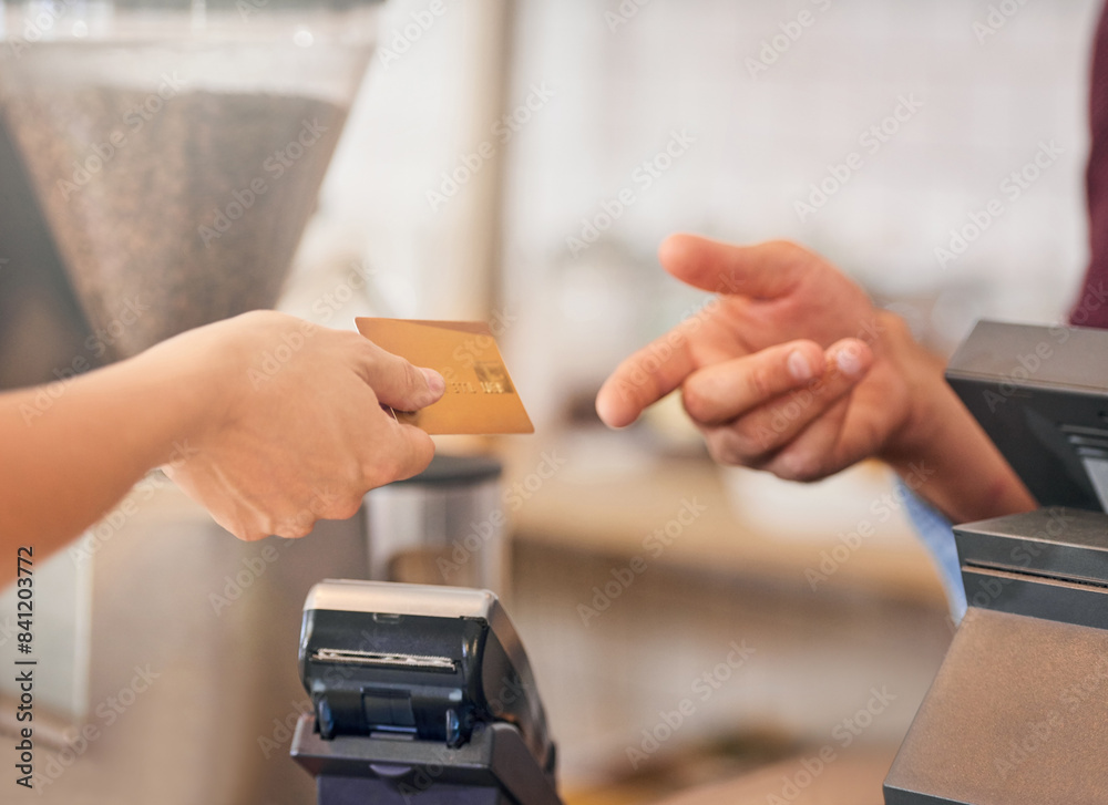 Cafe, credit card and hands of customer with server for coffee shop payment, commerce and machine transfer. Restaurant, business and people with cashless transaction for food, shopping or service tip Cafe, credit card and hands of customer with server for coffee shop payment, commerce and machine transfer. Restaurant, business and people with cashless transaction for food, shopping or service tip